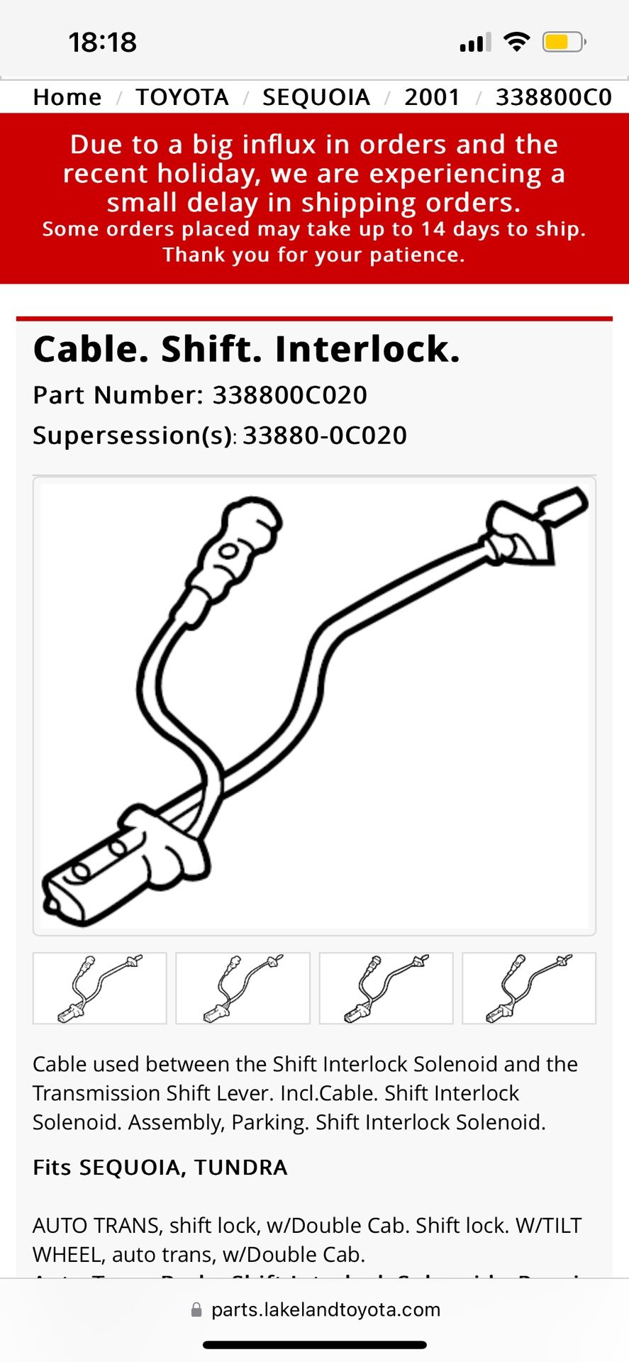 Cable. Shift. Interlock. Toyota Sequoia 338800C020