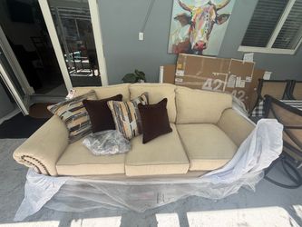 Beige 3-Seat Sofa with Nailhead Trim