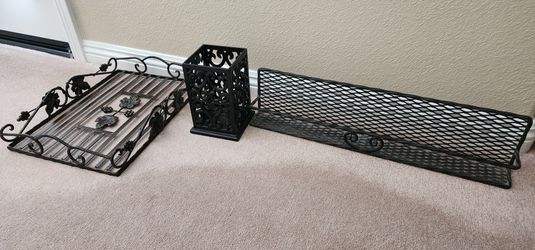 Stunning 3 Piece Iron Decor Set.
3 matching well made pieces. Great decor items that are also useful.
