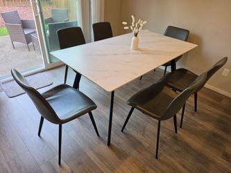 Marble Finish Stone Heavy Table and 6 Gray Faux Leather Chairs_Like New