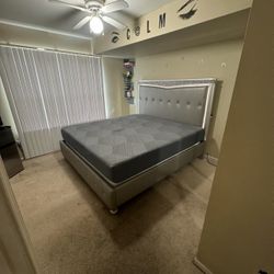 King Size Posh Upholstered Bed with LED headlights - Mattress and box spring included