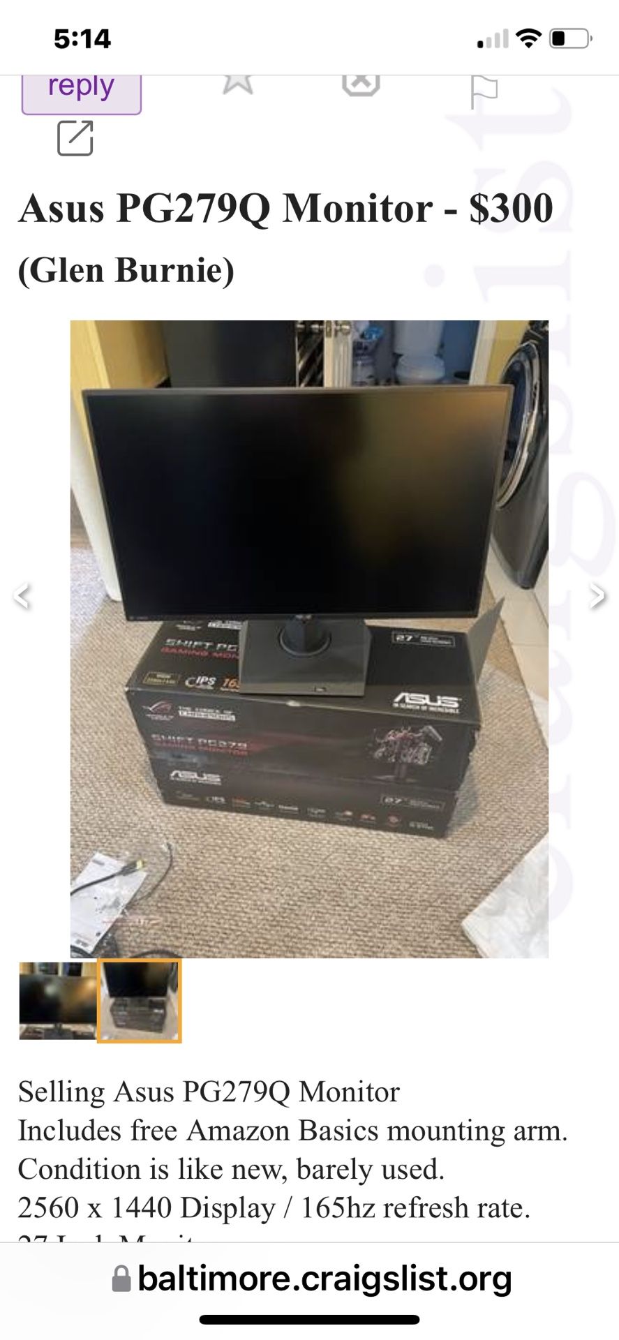 ASUS ROG Swift PG279Q 27in 2560x1440 IPS 165Hz 4ms G SYNC Gaming