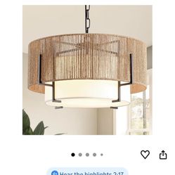 4-Light Rattan Chandelier, 19.7" Boho Pendant Light with Fabric Shade, Farmhouse