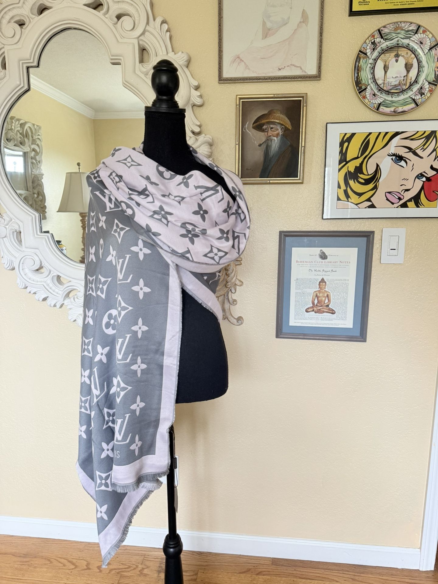Louis Vuitton Pale Pink And Gray Scarf Wrap, Throw Shawl