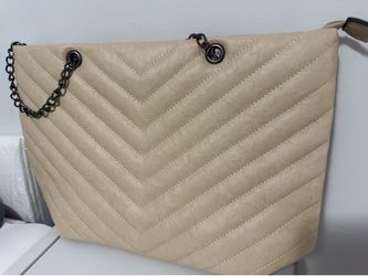 Chevron Quilted Tote Bag in Beige with Chain Accent