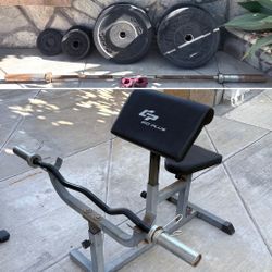 Olympic Curl Bar Bench, Olympic Weight Plates, & Olympic Bar