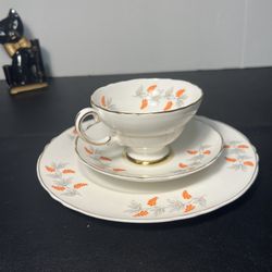 Crown Staffordshire 1930’s Bone China Orange Berries Cup Saucer Dessert Plate