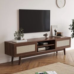 Rattan TV Stand for 55 65 75" TVs, Wood TV Stand Mid Century Modern TV Stand with 2 Cabinets & Movable Doors, Long Boho Entertainment Center Media Con