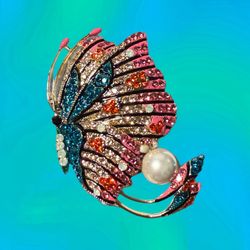 JJ Fantasia 2000s Multicolor Rhinestone Pearl Butterfly Brooch, NWT, 2x2”