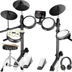 Fesley FED150 Electric Drum Set: Dual Zone Snare Drum, 2 Cymbals with Choke, 200 Sounds, 4 Quiet Mesh Drum Pads, Electronic Drum Set for Beginner, Blu