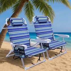 Backpack Beach Chairs for Adults 2 Pack, Portable Lay Flat Folding Chair with Cup Holder and Towel Bars, 4-Position Adjustable Reclining Chair for Bea