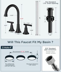 Black Bathroom Faucet 3 Hole Vanity, 2 Handle 360° Swivel Matte Black 8 Inch Widespread Bathroom Sink Faucet 3 Holes, With 360 Degree Rotating Spout, 