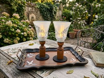 Set of Vintage Versitile Wooden Candle Holders Frosted Glass Globes MCM Decor 3D