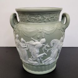 Vintage Sitzendorf Germany Porcelain Urn Vase Sage Green Neoclassical Figures 8"