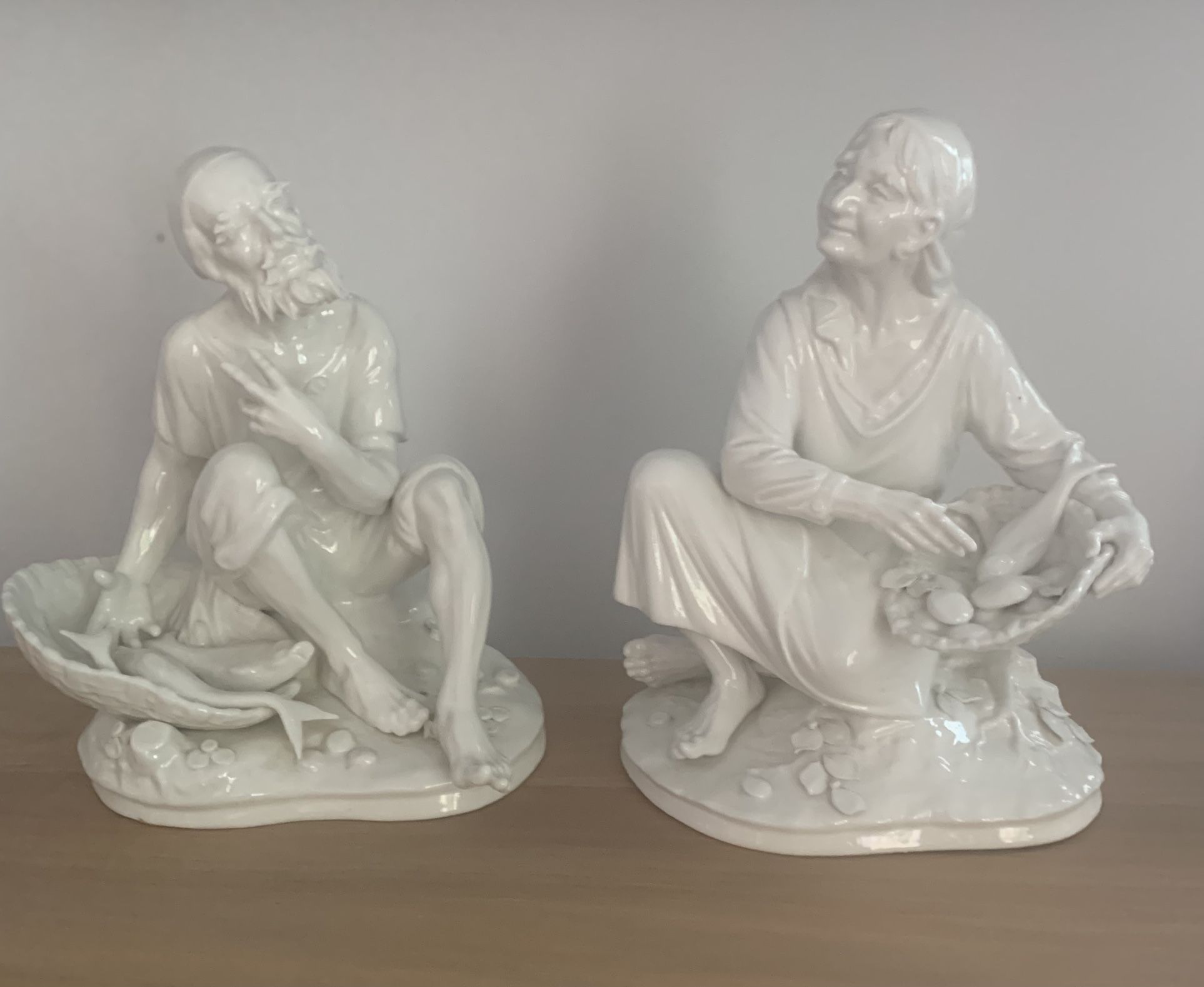 2 Dresden Porcelain German Man & Woman Fish Seller Figurines,