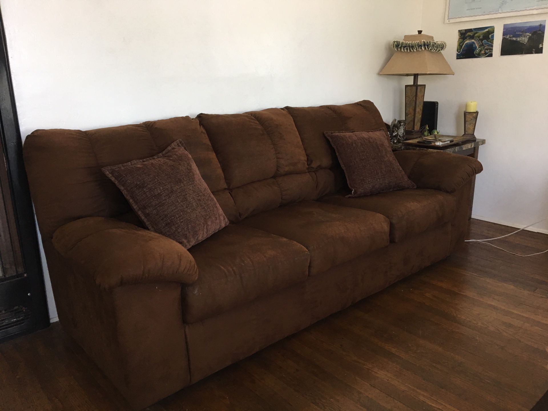 Brown suede couch & recliner