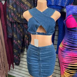Two-piece blue jeans skirt set