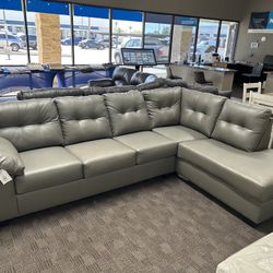 Grey Leather Tufted Sectional Couch