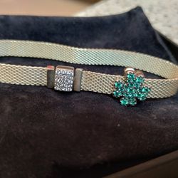 Pandora 925 ALE Silver Snap Bracelet With Slide On Green Pave Charm *****Gorgeous 