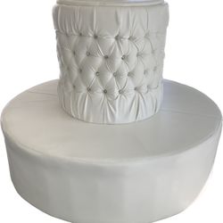 Elegant White Leather Round Banquet Settee, Circular Ottoman Lobby Hotel Seat. 73” X 55” Inches  ($2,500+ Retail)