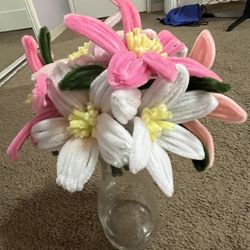 Original, Hand Made, Pink And White, Pipe Cleaner, Flower Bouquet