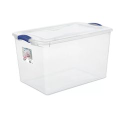 Sterilite 66 Qt. Clear Plastic Latch Box, Blue Latches with Clear Lid. I have 6 pics