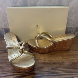 Kate Spade Women’s 7 Knotted Gold Straps Bamboo Wedge Heel Sandals NEW