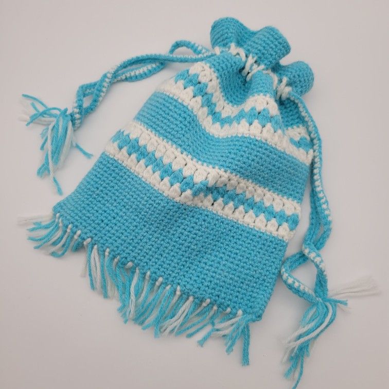 Vintage Fringed Knitted Drawstring Bag In Aqua/Teal Blue And White