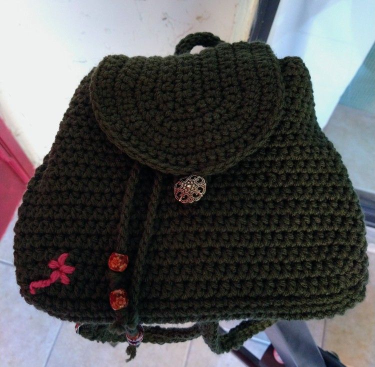 Olive Green Small  Crochet Backpack Lined Inside
