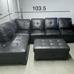 Free Delivery- Black Leather Sectional Sofa Left Facing Chaise with Ottoman 