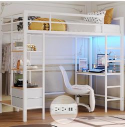 White loft twin size bed w/built in desk