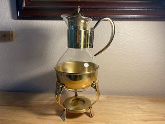 Vintage Princess House Heritage Glass Coffee and Tea Carafe with Floral Brass Tea Light Warmer Stand