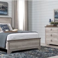 Living Spaces Complete Bedroom Set- Queen Bed Frame & Mattress, Dresser Drawers With Mirror & 2 Night Stands- All For One Low Price 