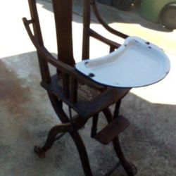 Antique High Chair Buggy Stroller FOLDING 1900's Furniture Fold Up Child's Baby Wooden Porcelain Metal Tray  Iron Wheels