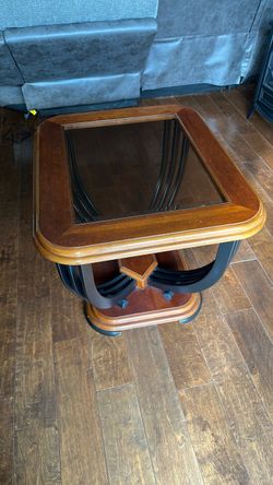 Wood and Glass End Table with Black Accents