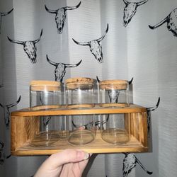 Wooden Holder With 3 Glass Jars & Cork Lids
