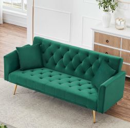 Modern Velvet Sofa Bed Futon, Convertible Sleeper Couch with Adjustable Backrest, Tufted Recliner Loveseat
