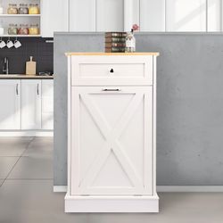 Tilt Out Trash Cabinet,Antique-Style Barn Door Kitchen Island with Solid Wood Tabletop & Drawer, Pet Proof Trash Can, Wood Laundry Cabinet（White）