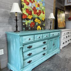 Vintage DRESSER teal blue distressed buffet tv console ”Calypso”; other dresser chest avail also