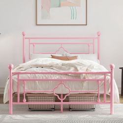 Queen Size Metal Platform Bed Frame with Vintage Cross Pattern Headboard&Footboard, Pink