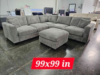 Gray Corduroy Sectional Sofa with Ottoman