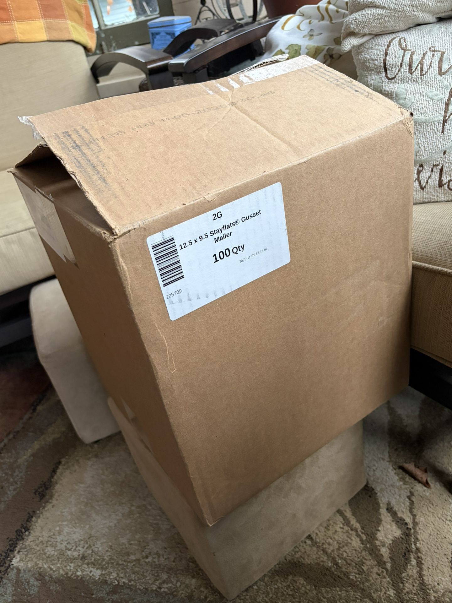 Box of Stayflats® Gusset Mailers. These are mailers designed for shipping documents and bulky items