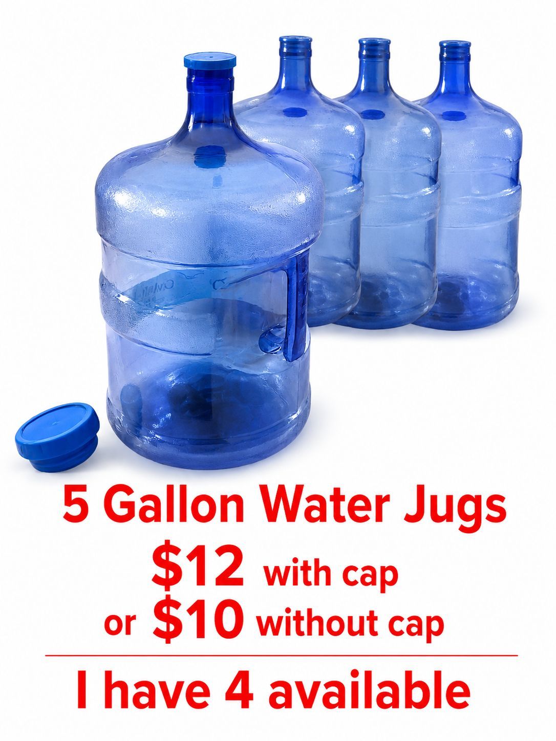 5 Gallon Water Jugs for Sale ๐ง
$12 each with cap
$10 each without cap
4 available
Take all 4 for $45
Clean and in good condition.
Pick up in Fontana.