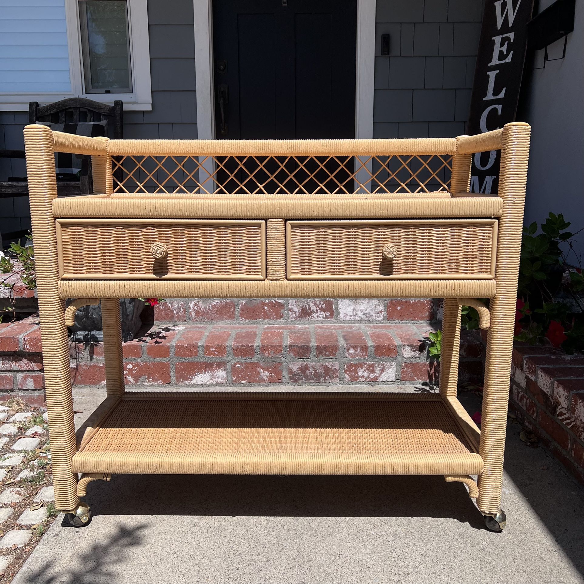 Vintage Lexington Boho Chic Coastal Wicker Rattan Rolling Bar Cart w/ Shelf and Drawers Henry Link