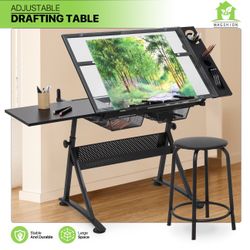 V64 $130  Drafting Table - 53" Crystal desktop with frame, 2 mesh drawers, with black stool  This drafting table is designed with artists and designer