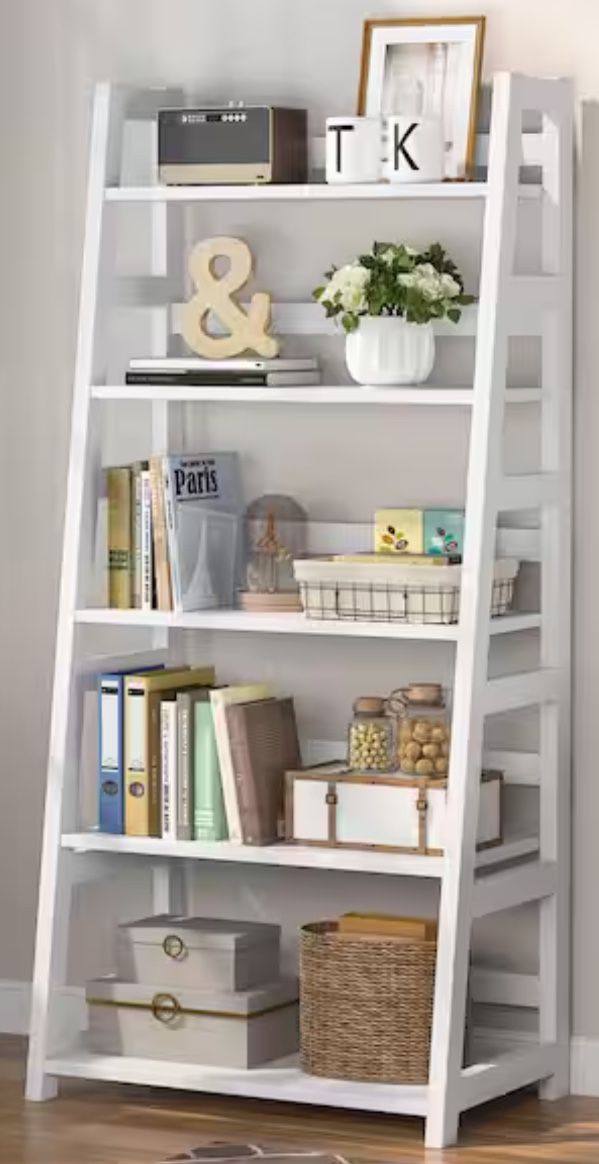 56.5 in. White Wood 5-Shelf Ladder Bookcase Modern Bookshelf with 5-Tier Shelves