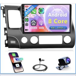 8 Core 4G+64G Car Radio for Honda Civic 2006-2011, Rimoody Android 15 Car Stereo CarPlay GPS 4G-WiFi Android Auto Mirror Link 10.1 Inch Touchscreen Bl