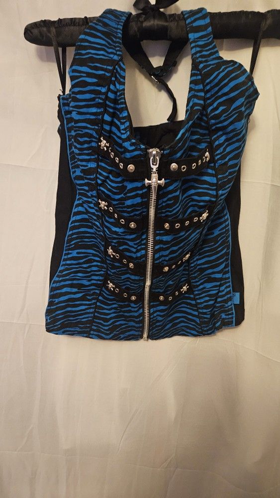 Tripp NYC Blue & Black Zebra Print Halter Top Size XL