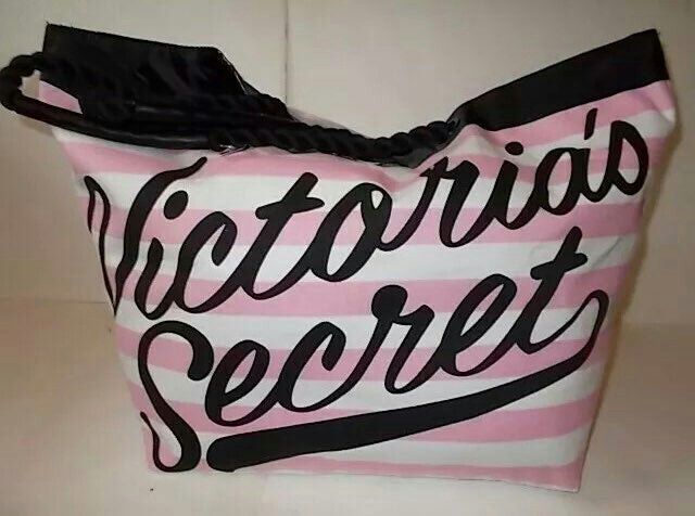 New Victoria's Secret striped large tote bag pink black white