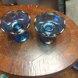 338: c1960s: Indiana Blue Carnival Glass: Grapes  & Vine Candle Holders